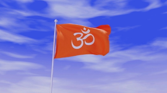 Religious Hindu Om Aum Flag during Daylight and beautiful sky - 3D Illustration