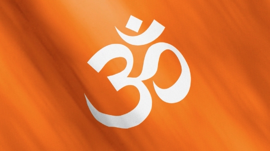 Sacred Hindu Om Aum Symbol Flag Waving in the Wind