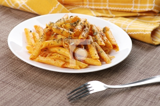  Penne Pasta Food Plate with a Fork on Wooden Tray