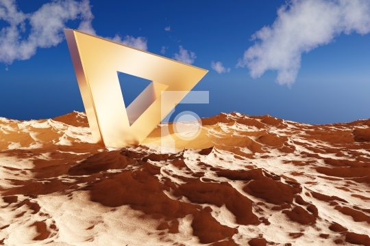 Abstract Gold Metal Triangle in Desert Sand - 3D Illustration