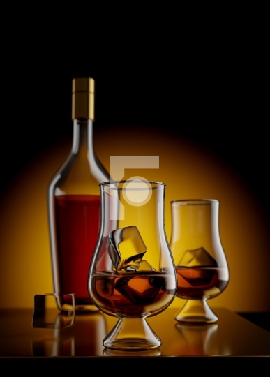 Alcohol Rum or Whiskey Bottle and Glasses on a Wooden Block - 3d