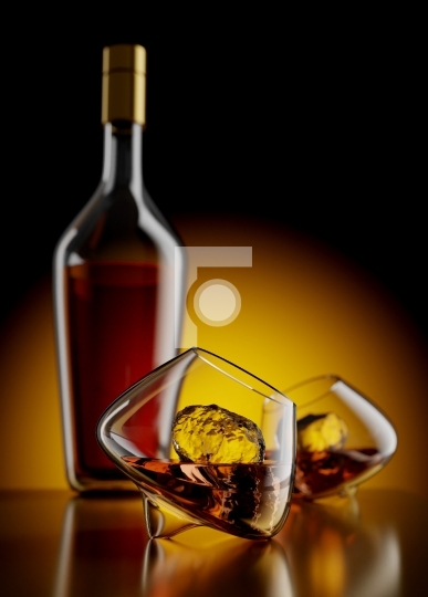 Alcohol Rum or Whiskey Bottle and Glasses on a Wooden Block - 3d