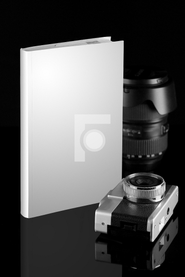 Blank White Book with Camera and Lens for Mockups