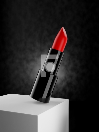 close up of a red lipstick on white block with dark textured bac