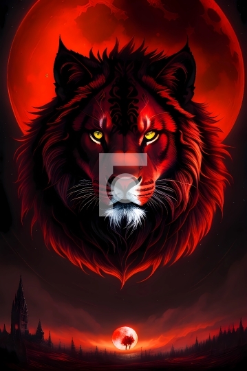 Fearless Lion Red Fire Moon Image Wall Art - AI Generated