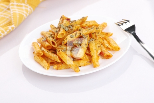 Food - Delicious Penne Pasta Plate with a Fork on White Backgrou