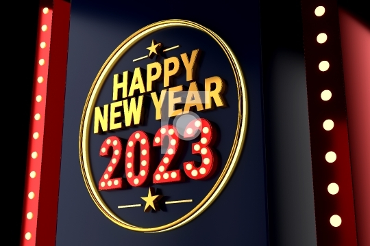 Golden 2023 Happy New Year with Lights - 3D Illustration Render