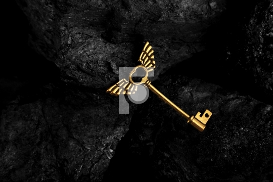 Golden Antique Key with Wings on Dark Black Background