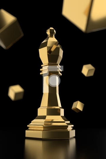 Golden Chess Bishop Piece on Black Background with Cubes - 3D Il