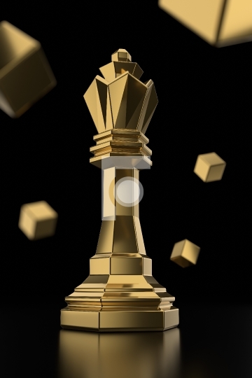Golden Chess King Piece on Black Background with Cubes - 3D Illu