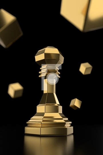 Golden Chess Pawn Piece on Black Background with Cubes - 3D Illu