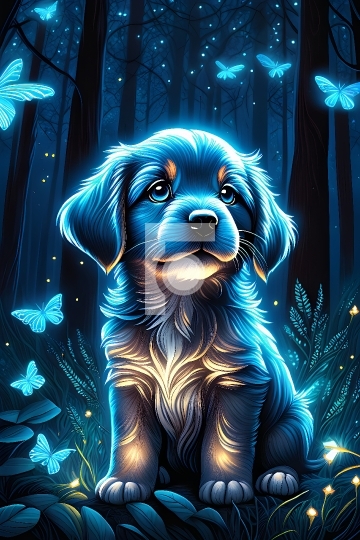 Illuminated Puppy with fireflies and butterflies - Ai Generative