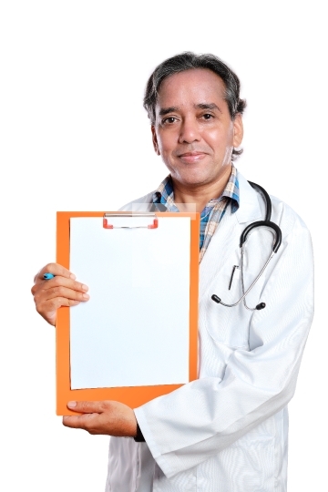 Indian Doctor Showing a Blank Paper Prescription on a Clipboard 