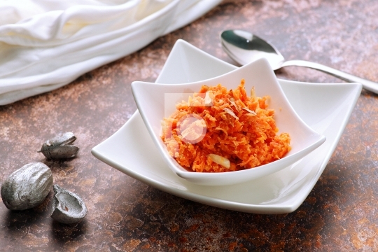 Indian Food Gajar ka Halwa (Carrot Sweet Pudding)  in a white Bo