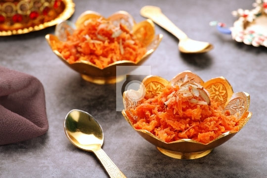 Indian Food Gajar ka Halwa (Carrot Sweet Pudding) in a Golden Bo