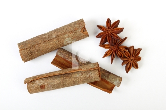 Indian herb star anise and cinnamon in white background
