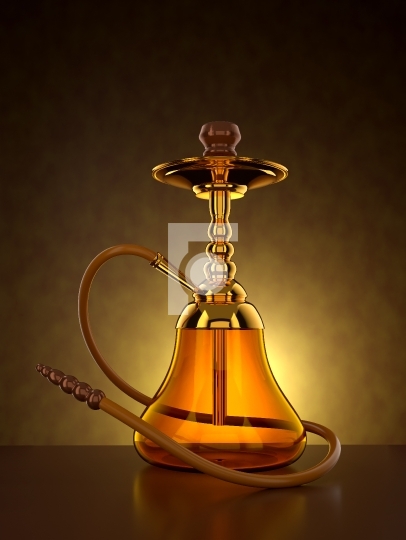 Indian or Arabic Gold Hookah or Sheesha with Yellow Background. 