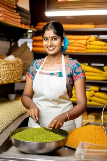 Indian Woman in a Grocery Store Wearing Apron - Free Photo - Ai 