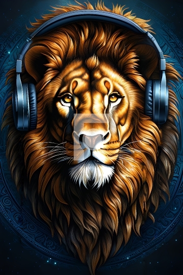 Music Lion with Headphones - Painting, Wall Art - AI Generative 