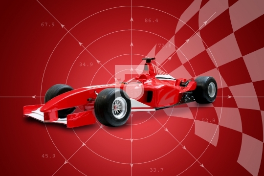 Red Formula One Car and racing flag