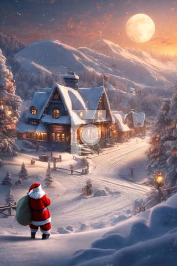 Santa Claus delivering gifts in a lit city with snow landscape F