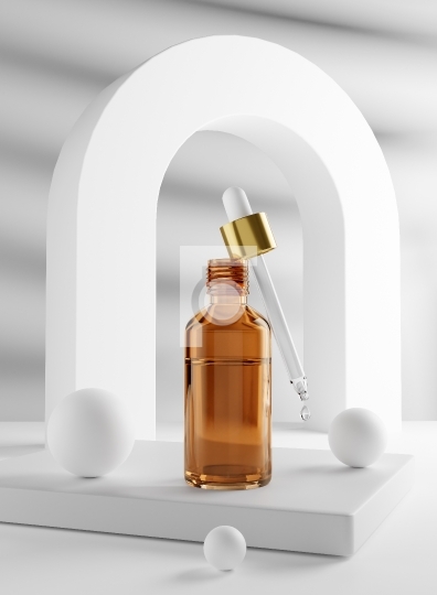 Serum Dropper Bottle Mockup with White Props - 3D Illustration R