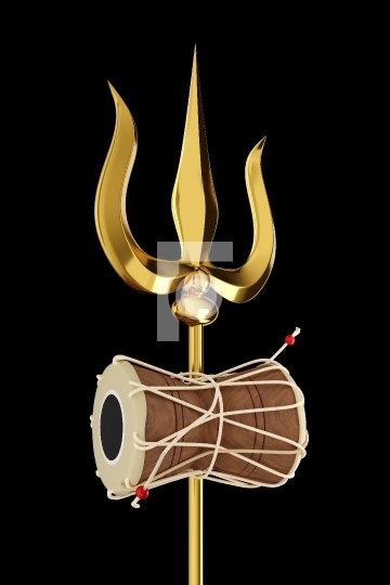 Shiva_qt_s Trishul in Gold and Wooden Damru Drum Musical Instrument