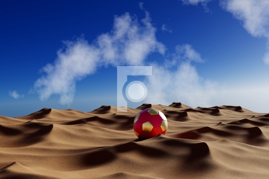 Soccer Ball in Qatar Desert with Maroon and Gold Color - 3D Illu