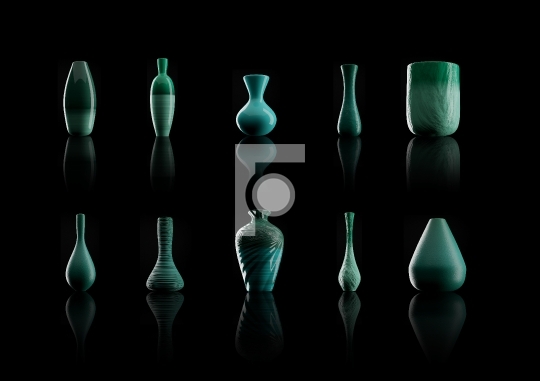 Ten different flower vases in turquoise teal color - 3D illustra