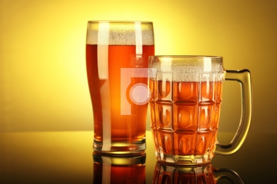 Two Beer Mug / Glass with froth with reflection