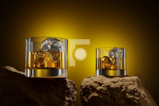 Two Whiskey Glasses with Ice Cubes on Rocks - 3D Illustration