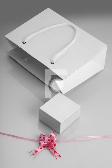 White Paper Bag, Jewelry Box and Gift Ribbon for Mockups