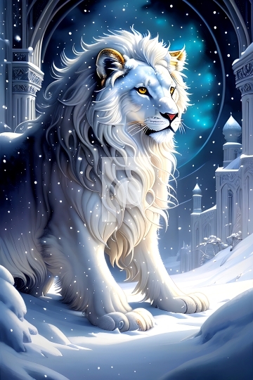 White Snow Lion Fantasy with a Royal Palace - AI Generated Free 