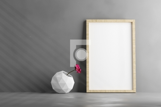 Wooden Photo Frame Mockup with a Flower Vase on Grey Background 