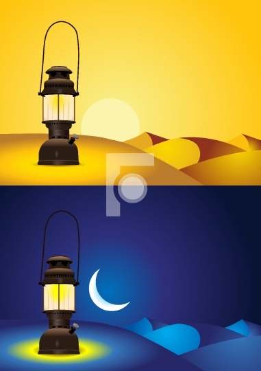 Antique lantern in the desert - day and night version