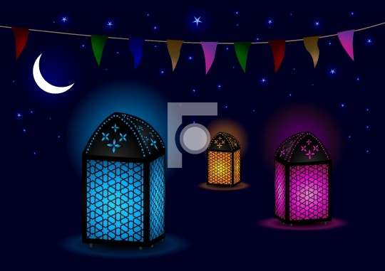 Beautiful Islamic Lamps with Crescent and Stars - Vector Illustr