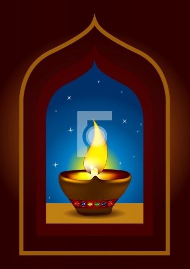 Diwali Diya on a window arch - Oil lamp vector illustration