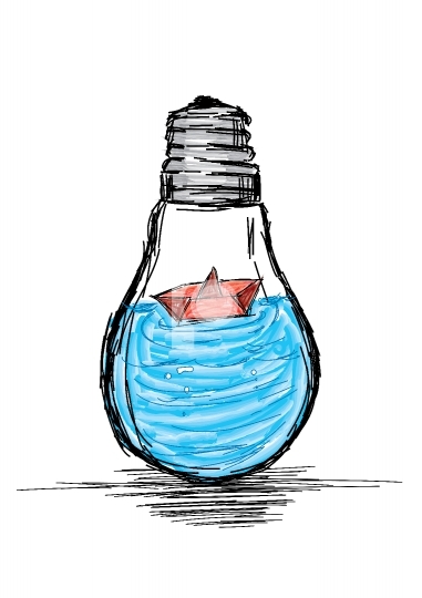 Explore the Ideas - Light Bulb with Ocean and Boat- Vector Illus