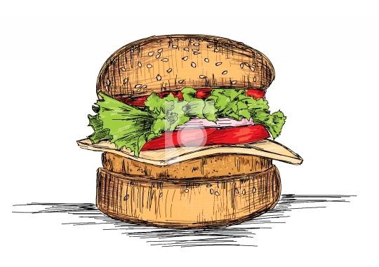 Fast Food - Burger Detailed Sketch Vector Illustration 