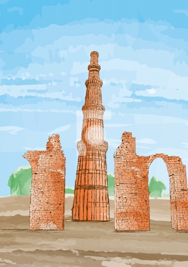 Hand Drawn Qutub Minar, New Delhi, India - Vector Illustration