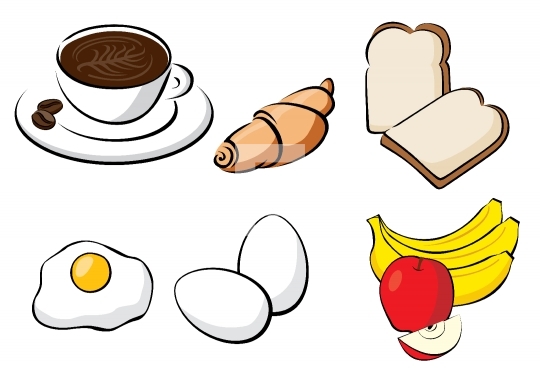 Healthy Breakfast - Bread, Coffee, Egg, Croissant, Banana, Apple