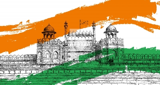 Indian Independence Day - Red Fort, India with Tricolor Flag Vec