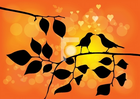 Love Birds on a Tree with Sunset in background - Vector Illustra