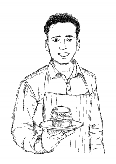 Male Chef with a Burger in Hand - Vector Sketch