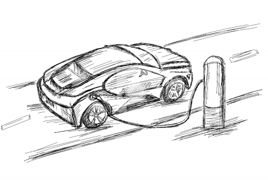 Modern Electric Car Charging at a Charge Station - Vector Illust