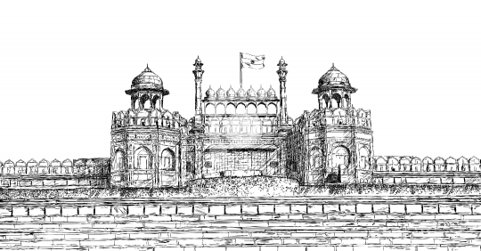 Red Fort, New Delhi, India - Detailed Vector Sketch Illustration