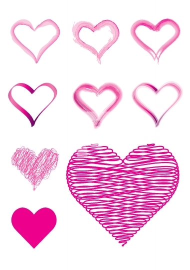 Set of 9 heart shapes in brush strokes