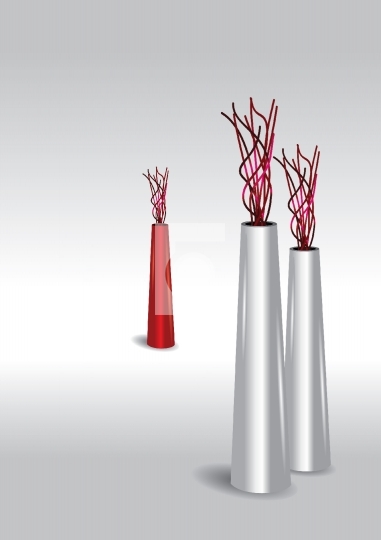 three flower vases - two white, one in red