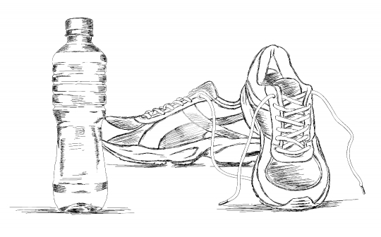 Water Bottle and Sneakers Shoe Vector Sketch Illustration