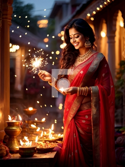 Beautiful Indian Girl in Saree Celebrating Diwali - AI Generated